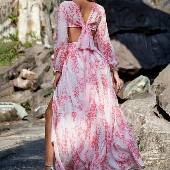 Floral Print Cut Out Waist Maxi Dress PINK - Picture 6 of 7